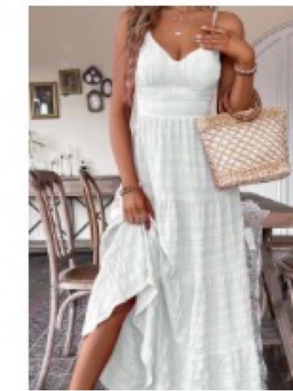 White Casual Women's Ruffle Hem Spaghetti Strap Dress